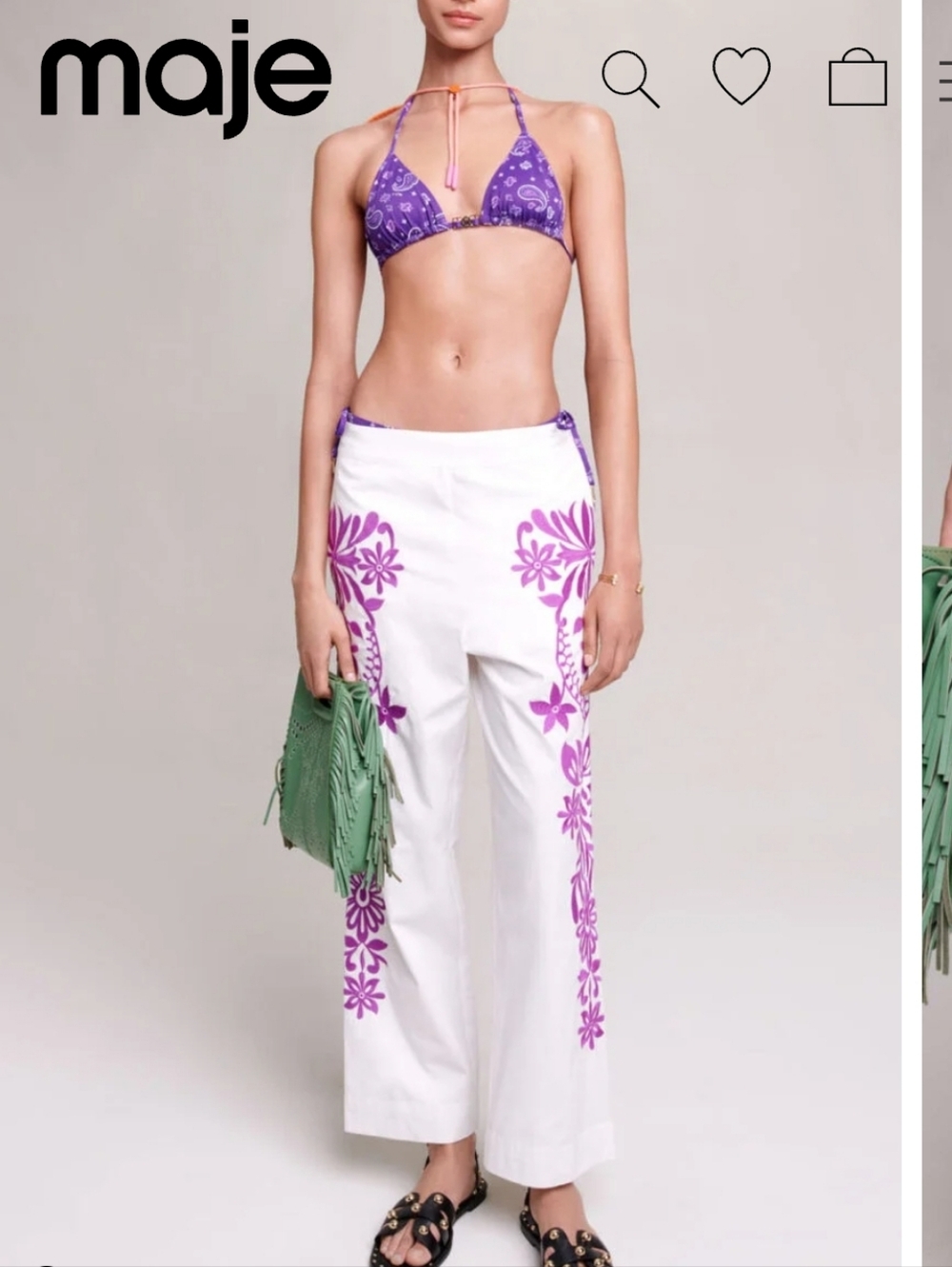 NWT MAJE white cotton purple embroidered cropped pants summer wide leg beach xs